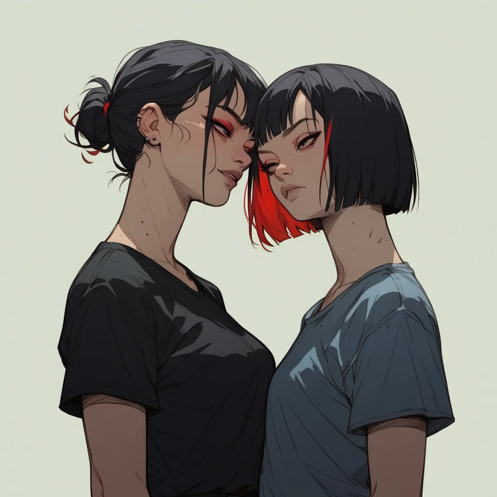 1 girl, Asian, short black t-shirt, black pants, short black hair with red highlights, Eyes red,, background red, film grain, tiro de cowboy estilo sinozick