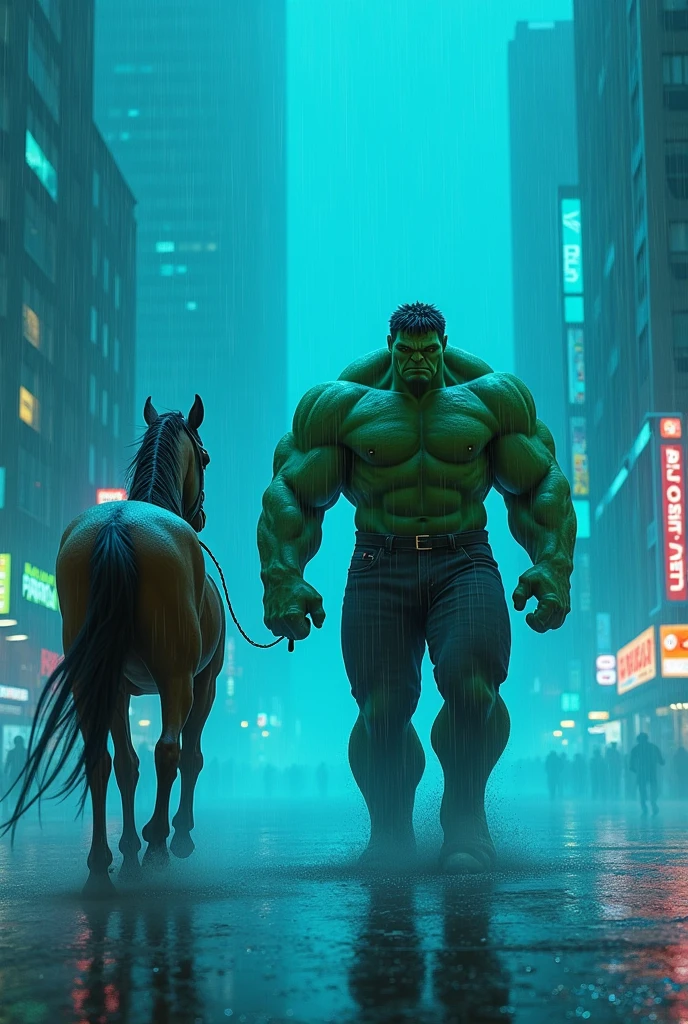 Hulk travel with horse in blue neon city , heavy rain with fog