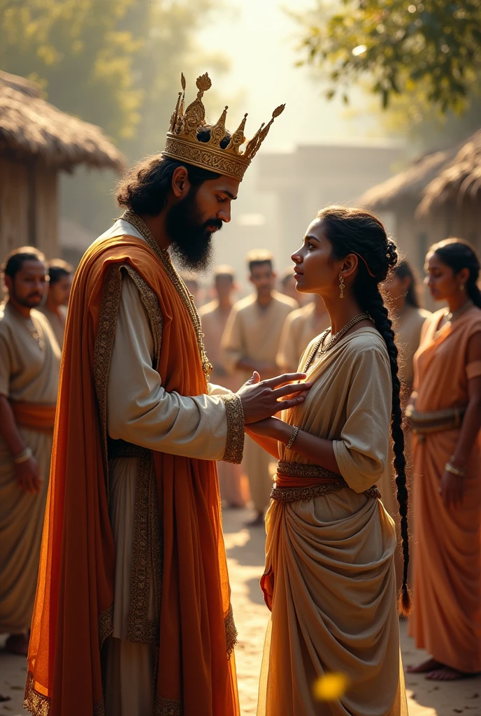 King Udayan in the Village: "King Udayan, in royal attire but with a humble demeanor, standing beside Princess Ananya wear a simple dress in the village. The king looks proud yet emotional, as he listens to Ananya explain her actions. Villagers stand around them, watching with admiration and respect." & King feels proud of her daughter & he takes he's hand on the daughter