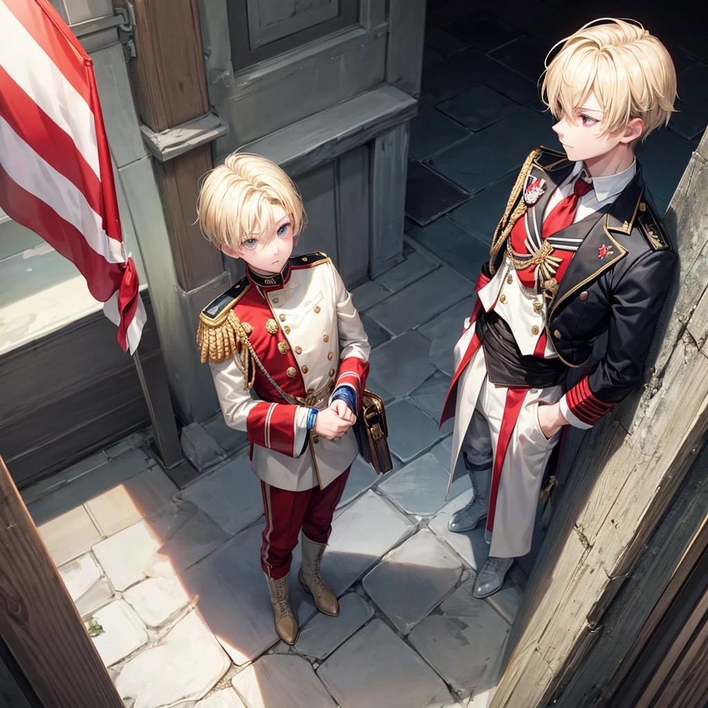There was a 1 boy with blonde hair and red eyes, standing holding a national flag, looking cool, wearing high-ranking white soldiers, and talking to a soldier next to him.