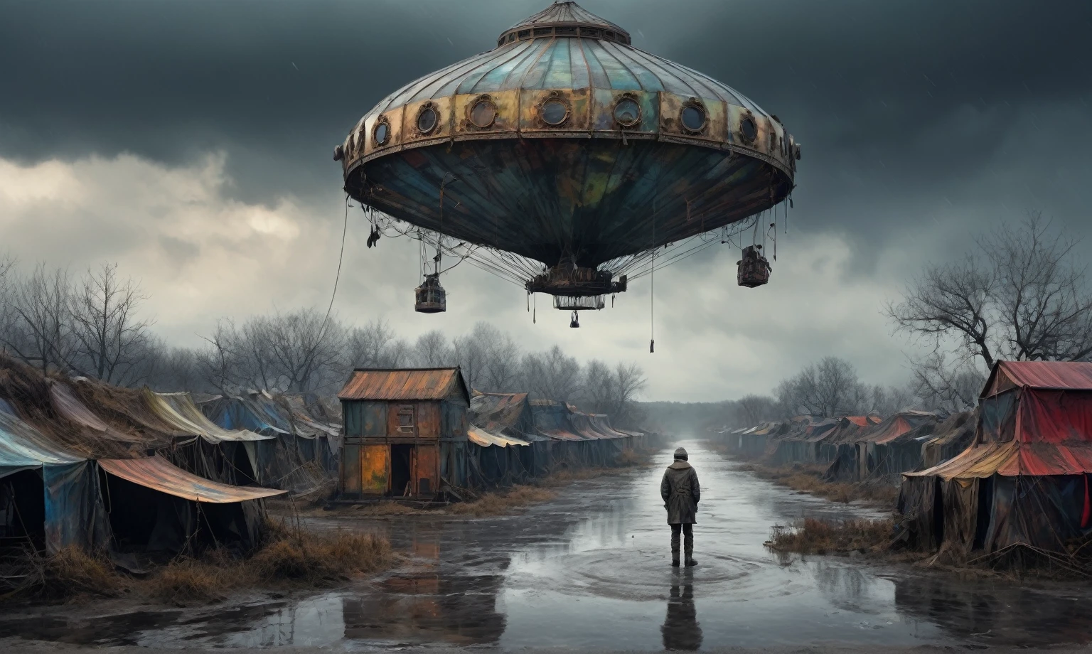 insane pilot from USSR , camouflage Rusty, after a psychiatric clinic,winter,intricate landscape,slate grey atmosphere,film grain,faded,eyes extremely detailed,another world,view from height,once pretty face,eyebrow up,full body shot,ominous landscape, Simon Stalenhag,Nicola Samori,full body shot,beggar niobium The Alien Entity,Technicolor,natural skin textures, hyper realism, hyper detailed,Extremely detailed,High contrast,Masterpiece,Realistic,Ultra Detailed, intricate details,realistic humid leather,extremly intricate,Epic Realistic, cinematic style,irina yermolova,high contrast,hdr,extremely detailed, deep night landscape,masterpiece,intricate details,faded,eyes extremely detailed, high detailed eyes,8k resolution,RAW,retina, Nikon Z9,China,tkt style, transition between two art styles, Ink painting to photorealism, Double contact, X-ray, Creative, vivid light, masterpiece, fantasy, Abstract Surrealism, super detailed, high resolution, stop:35;Her skin is pale, almost translucent,a hot air soars through the layers of clouds, revealing a colossal and enigmatic cityscape nestled within. The buildings in this ethereal city are adorned with intricate details and exude an aura of mystery. Above the cityscape, lend an enchanting touch to the scene. steampunk. The intricate mechanics create a sense of wonder and fascination, as if stepping into a dreamlike realism,Marta Bevacqua, ais-sinisterz, a derelict circus in the middle of a swamp, remnants of colorful tents, a silent carousel with spectral monsters, all under a sky heavy with storm clouds