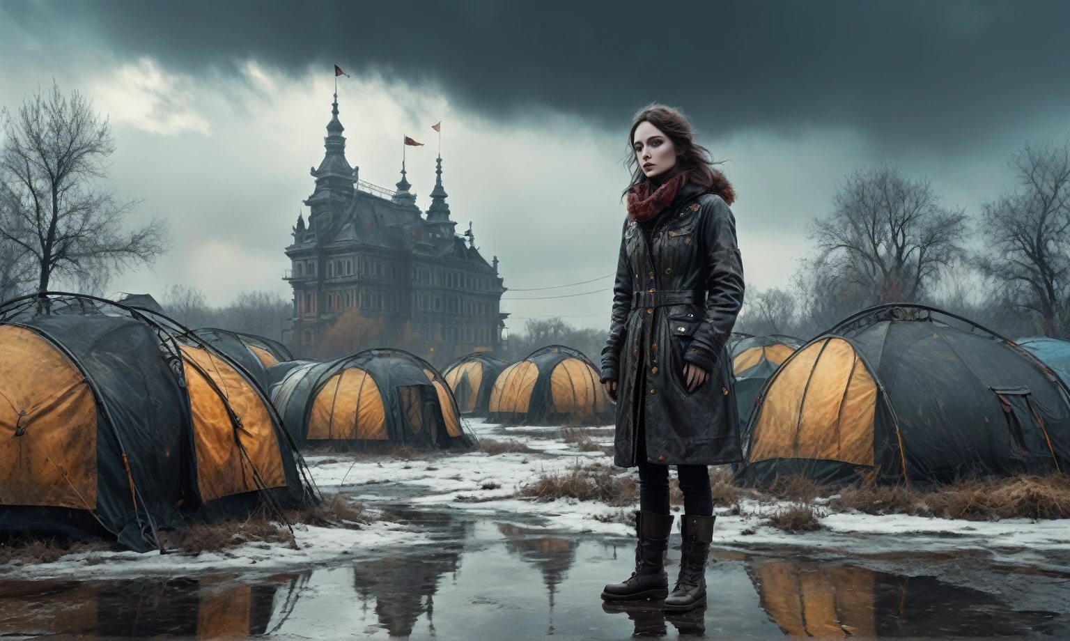 insane pilot from USSR , camouflage Rusty, after a psychiatric clinic,winter,intricate landscape,slate grey atmosphere,film grain,faded,eyes extremely detailed,another world,view from height,once pretty face,eyebrow up,full body shot,ominous landscape, Simon Stalenhag,Nicola Samori,full body shot,beggar niobium The Alien Entity,Technicolor,natural skin textures, hyper realism, hyper detailed,Extremely detailed,High contrast,Masterpiece,Realistic,Ultra Detailed, intricate details,realistic humid leather,extremly intricate,Epic Realistic, cinematic style,irina yermolova,high contrast,hdr,extremely detailed, deep night landscape,masterpiece,intricate details,faded,eyes extremely detailed, high detailed eyes,8k resolution,RAW,retina, Nikon Z9,China,tkt style, transition between two art styles, Ink painting to photorealism, Double contact, X-ray, Creative, vivid light, masterpiece, fantasy, Abstract Surrealism, super detailed, high resolution, stop:35;Her skin is pale, almost translucent,a hot air soars through the layers of clouds, revealing a colossal and enigmatic cityscape nestled within. The buildings in this ethereal city are adorned with intricate details and exude an aura of mystery. Above the cityscape, lend an enchanting touch to the scene. steampunk. The intricate mechanics create a sense of wonder and fascination, as if stepping into a dreamlike realism,Marta Bevacqua, ais-sinisterz, a derelict circus in the middle of a swamp, remnants of colorful tents, a silent carousel with spectral monsters, all under a sky heavy with storm clouds