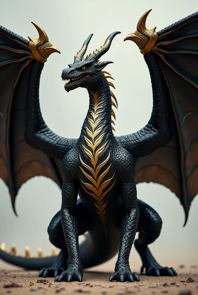 A full-body black dragon with wings with gold veining and edging details, in addition to golden geometries on its black dragon body with golden details looking from the front 