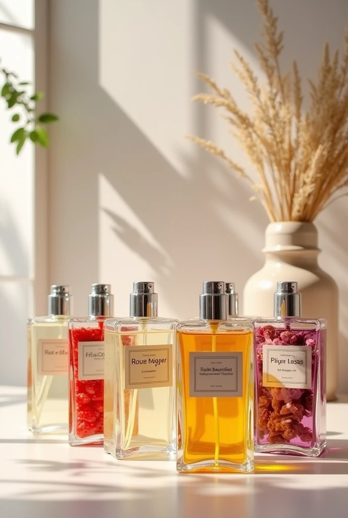 Transparent plastic containers for essences with names vanilla, lavender, oriental flowers, citrus, strawberry, lemon, apple cinnamon, coco, green tea, chocolate, rose, tropical flowers in spanish