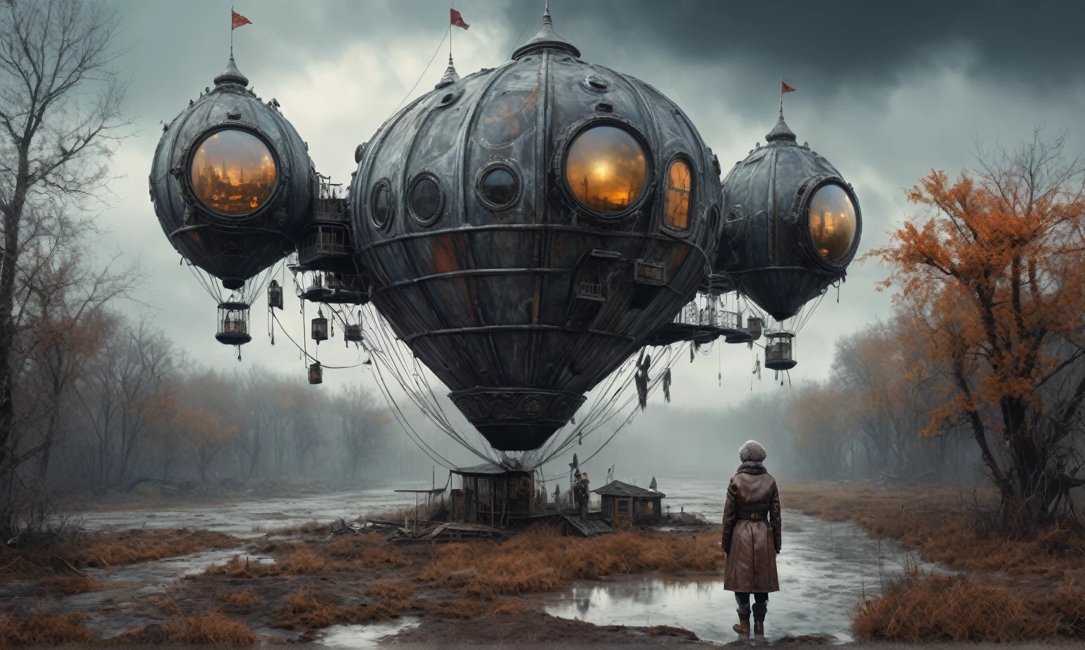insane pilot from USSR , camouflage Rusty, after a psychiatric clinic,winter,intricate landscape,slate grey atmosphere,film grain,faded,eyes extremely detailed,another world,view from height,once pretty face,eyebrow up,full body shot,ominous landscape, Simon Stalenhag,Nicola Samori,full body shot,beggar paladium The Alien Entity,Technicolor,natural skin textures, hyper realism, hyper detailed,Extremely detailed,High contrast,Masterpiece,Realistic,Ultra Detailed, intricate details,realistic humid leather,extremly intricate,Epic Realistic, cinematic style,irina yermolova,high contrast,hdr,extremely detailed, deep night landscape,masterpiece,intricate details,faded,eyes extremely detailed, high detailed eyes,8k resolution,RAW,retina, Nikon Z9,China,tkt style, transition between two art styles, Ink painting to photorealism, Double contact, X-ray, Creative, vivid light, masterpiece, fantasy, Abstract Surrealism, super detailed, high resolution, stop:35;Her skin is pale, almost translucent,ancient rock,a hot air soars through the layers of clouds, revealing a colossal and enigmatic cityscape nestled within. The buildings in this ethereal city are adorned with intricate details and exude an aura of mystery. Above the cityscape, lend an enchanting touch to the scene. steampunk. The intricate mechanics create a sense of wonder and fascination, as if stepping into a dreamlike realism,Marta Bevacqua, ais-sinisterz, a derelict circus in the middle of a swamp, remnants of colorful tents, a silent carousel with spectral monsters, all under a sky heavy with storm clouds