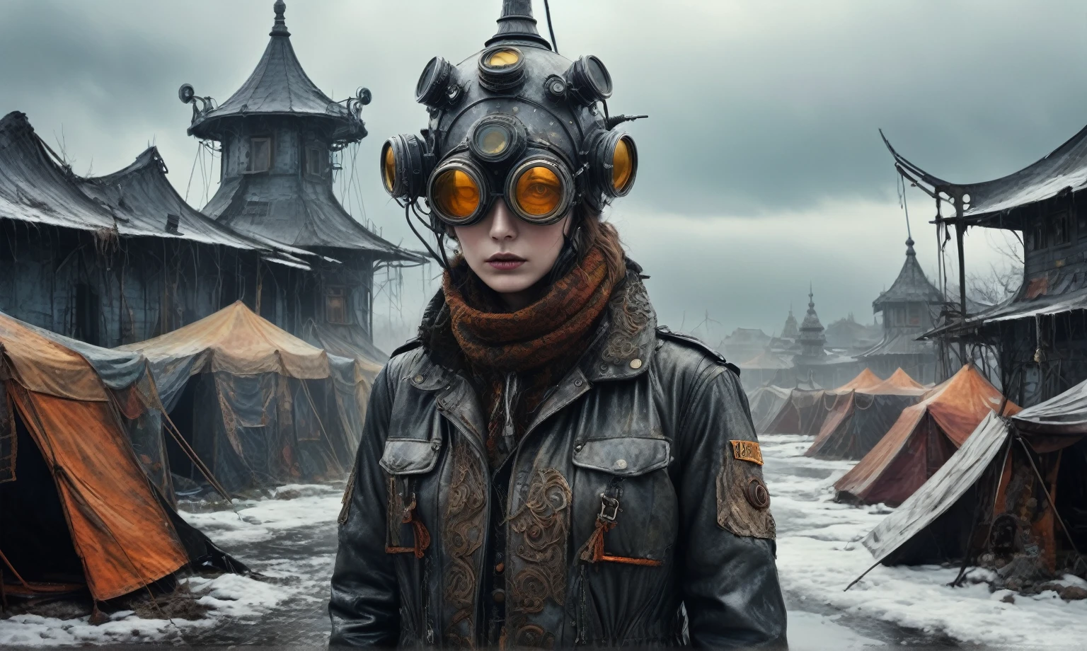 insane pilot from USSR , camouflage Rusty, after a psychiatric clinic,winter,intricate landscape,slate grey atmosphere,film grain,faded,eyes extremely detailed,another world,view from height,once pretty face,eyebrow up,full body shot,ominous landscape, Simon Stalenhag,Nicola Samori,full body shot,beggar paladium The Alien Entity,Technicolor,natural skin textures, hyper realism, hyper detailed,Extremely detailed,High contrast,Masterpiece,Realistic,Ultra Detailed, intricate details,realistic humid leather,extremly intricate,Epic Realistic, cinematic style,irina yermolova,high contrast,hdr,extremely detailed, deep night landscape,masterpiece,intricate details,faded,eyes extremely detailed, high detailed eyes,8k resolution,RAW,retina, Nikon Z9,China,tkt style, transition between two art styles, Ink painting to photorealism, Double contact, X-ray, Creative, vivid light, masterpiece, fantasy, Abstract Surrealism, super detailed, high resolution, stop:35;Her skin is pale, almost translucent,ancient rock,a hot air soars through the layers of clouds, revealing a colossal and enigmatic cityscape nestled within. The buildings in this ethereal city are adorned with intricate details and exude an aura of mystery. Above the cityscape, lend an enchanting touch to the scene. steampunk. The intricate mechanics create a sense of wonder and fascination, as if stepping into a dreamlike realism,Marta Bevacqua, ais-sinisterz, a derelict circus in the middle of a swamp, remnants of colorful tents, a silent carousel with spectral monsters, all under a sky heavy with storm clouds