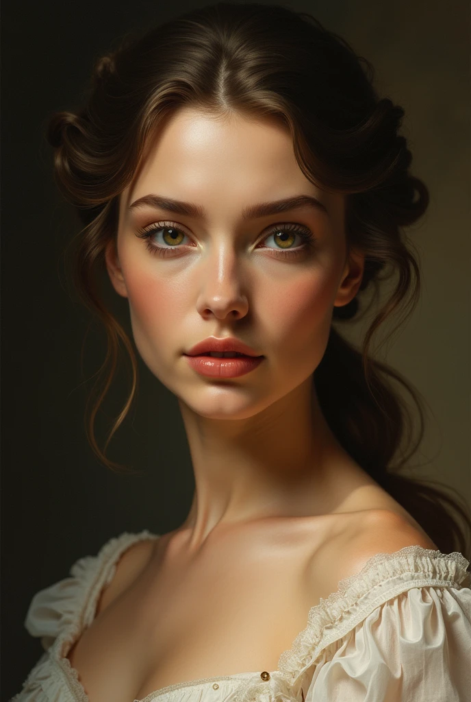 a beautiful woman with flawless skin, piercing eyes, full lips, delicate facial features, elegant hairstyle, serene expression, masterpiece portrait, highly detailed, photorealistic, 8k, HDR, dramatic lighting, cinematic composition, warm color palette, oil painting aesthetic, classical Renaissance style, chiaroscuro lighting effect, timeless beauty