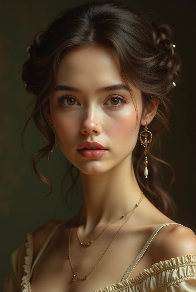 a beautiful woman with flawless skin, piercing eyes, full lips, delicate facial features, elegant hairstyle, serene expression, masterpiece portrait, highly detailed, photorealistic, 8k, HDR, dramatic lighting, cinematic composition, warm color palette, oil painting aesthetic, classical Renaissance style, chiaroscuro lighting effect, timeless beauty