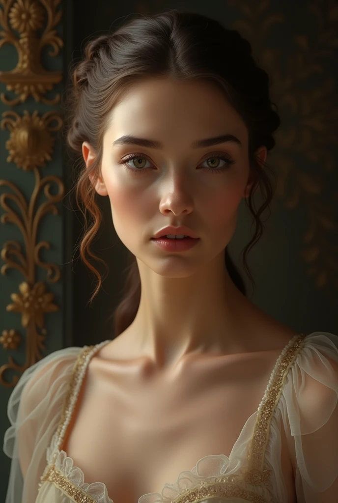 a beautiful woman with flawless skin, piercing eyes, full lips, delicate facial features, elegant hairstyle, serene expression, masterpiece portrait, highly detailed, photorealistic, 8k, HDR, dramatic lighting, cinematic composition, warm color palette, oil painting aesthetic, classical Renaissance style, chiaroscuro lighting effect, timeless beauty
