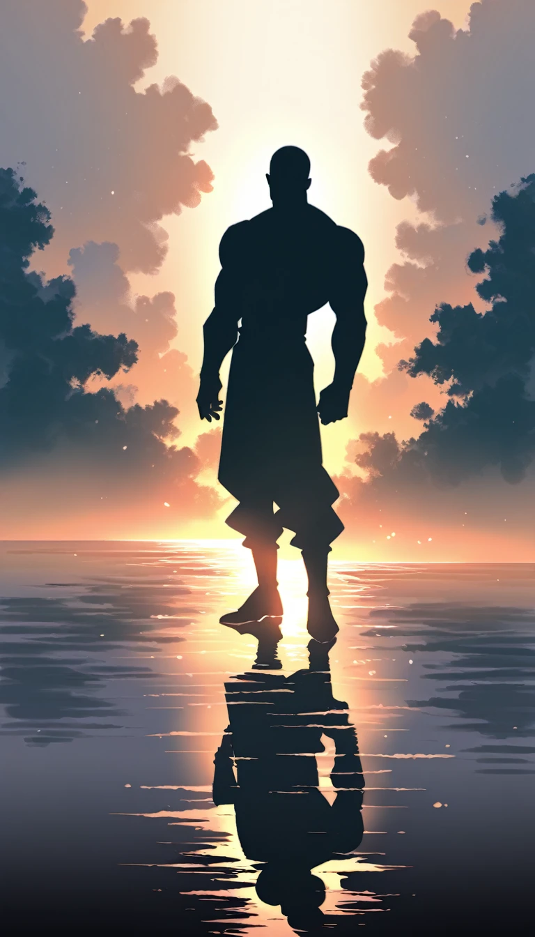 A Strong Buddhist muscular man stands in the smoke, Black jumpsuit, Very tight, Silhouette effect, Tall muscular man, Priapus, Dark Black, Dark black skin, Buzz Cut, His muscles are very developed, Very tall, short hair, Blend into the smoke, Lake, Reflection, Sunset, Sunset, Man silhouette, Chinese, black and white, Simple style