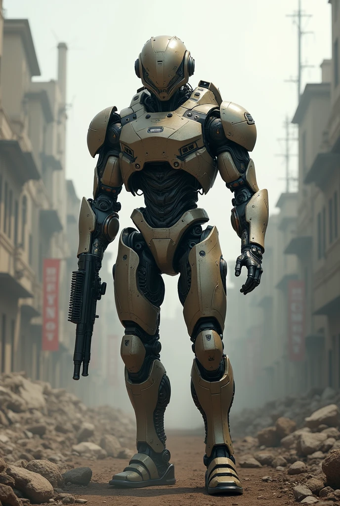 (Photorealism:1.2), human cyborg in war zone