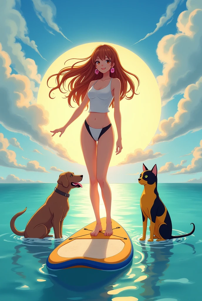 An anime style birthday invitation featuring a white woman, chestnut hair, smooth and long, very happy, with light energy, em cima de uma prancha de stand up paddle, with her brown waimaraner dog, and her yellow and black cat looking at the horizon to see the sunrise over the sea.