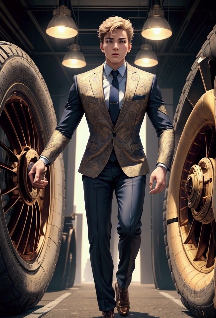 ((1boy)), super fine illustration, vibrant colors, absurdres extremely detailed CG, 8k wallpaper, (masterpiece:1.3), dynamic angle, dynamic pose, best quality, depth of field, cinematic lighting, ultra detailed, front-view, Business suit, The president push rolling tire, full body, center, looking at viewers, the character is in the center of the frame,