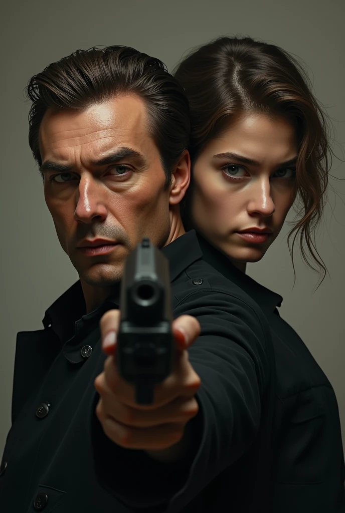 Gorgeous Man, offwhite, brown hair slicked back, mobster, serious look, black leagwear, with gun in hand, next to a young man in his 20s, innocent looking, soft expression, Very beauthful.