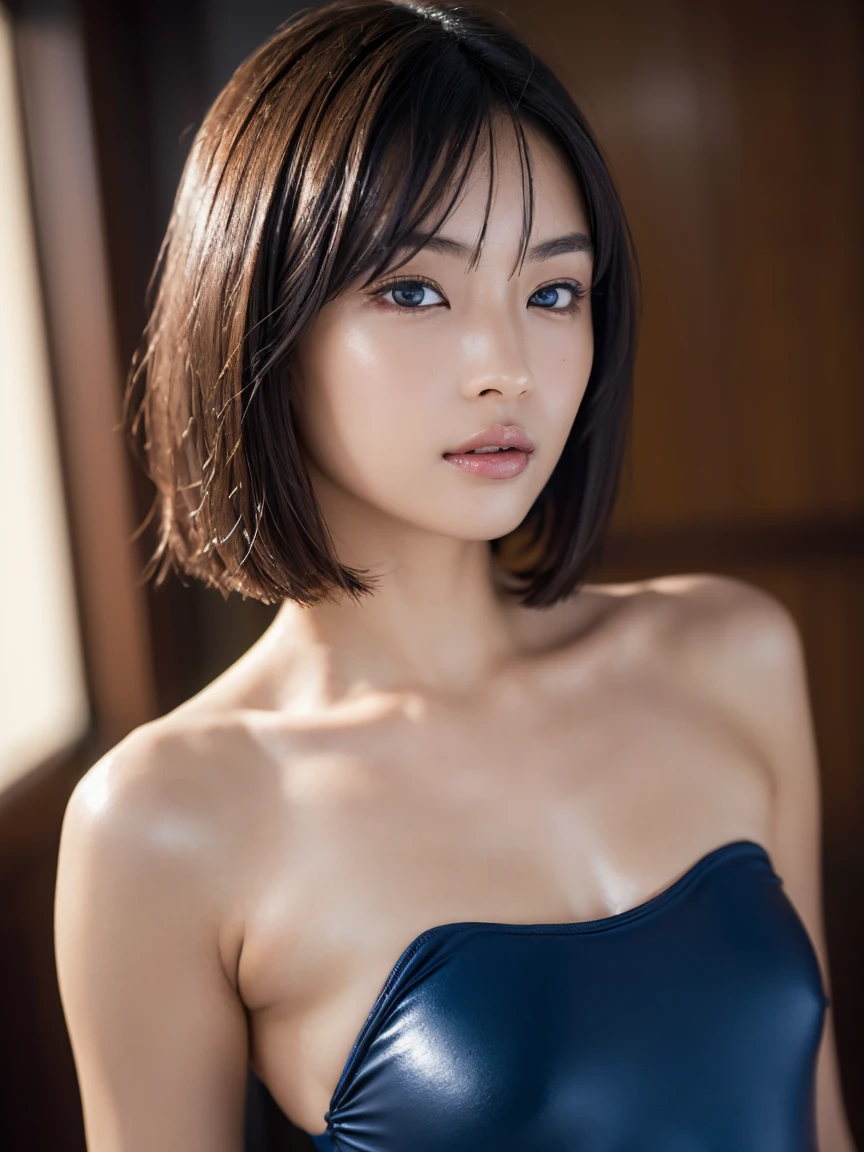 (masterpiece), Very detailed, Ultra-high resolution, Realistic, photo Realistic, High-resolution RAW color photos, Professional photos, Sharp focus, (Very detailed顔と肌の質感, Very beautiful eyes, Glossのある肌, Glowing Skin, Glowing Skin, Shining Face, Gloss, Oily skin, greasy face, Oily skin, greasy face,),, (real Glossのある肌 texture), Perfect Anatomy, Very detailed背景,((Ultra-luxury hotel)),(1 female,2. Women, Japanese women),(Lean, slender body、Thin legs),(short hair, Straight hair, bangs, Brown Hair),(Flat Chest:1.6), ((((Dark navy strapless one-piece swimsuit、Japanese School Swimsuit))))、(((Take off))),((A body that is so shiny with oil:1.7))
