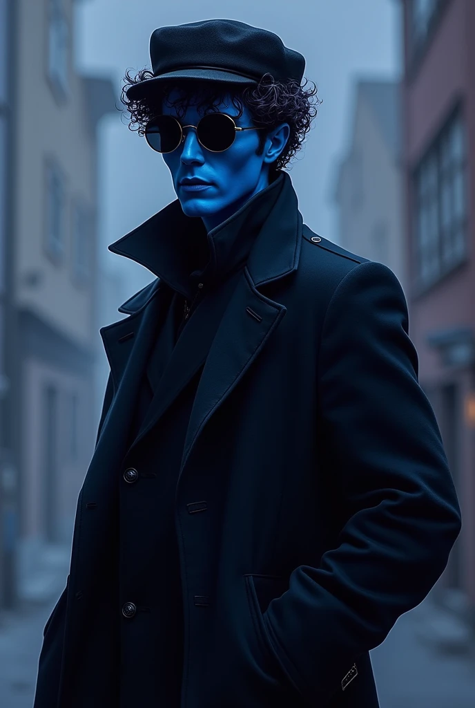 A man with blue skin, wearing round black sunglasses, wearing a black coat, wearing a black short hat, smiling all the time, likes to put his hands behind his back, 40 years old, short curly hair reaching the neck, black-purple. No mustache 