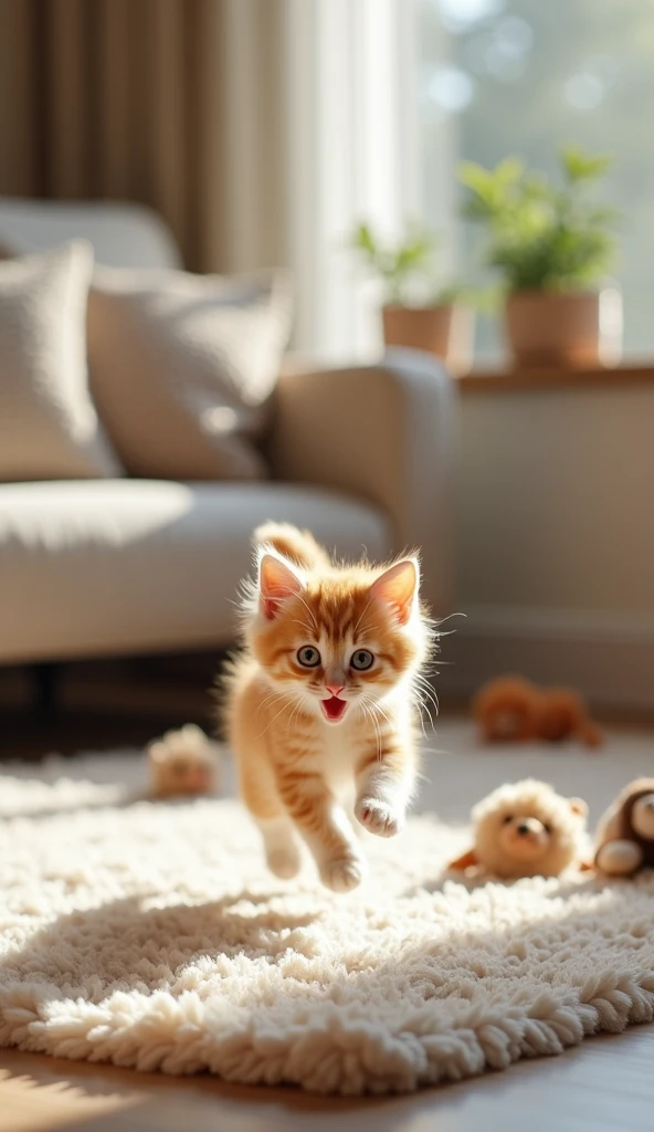 "An adorable kitten jumping playfully on a soft rug, surrounded by scattered toys in a stylish, modern living room. The kitten's fur is fluffed up in excitement."