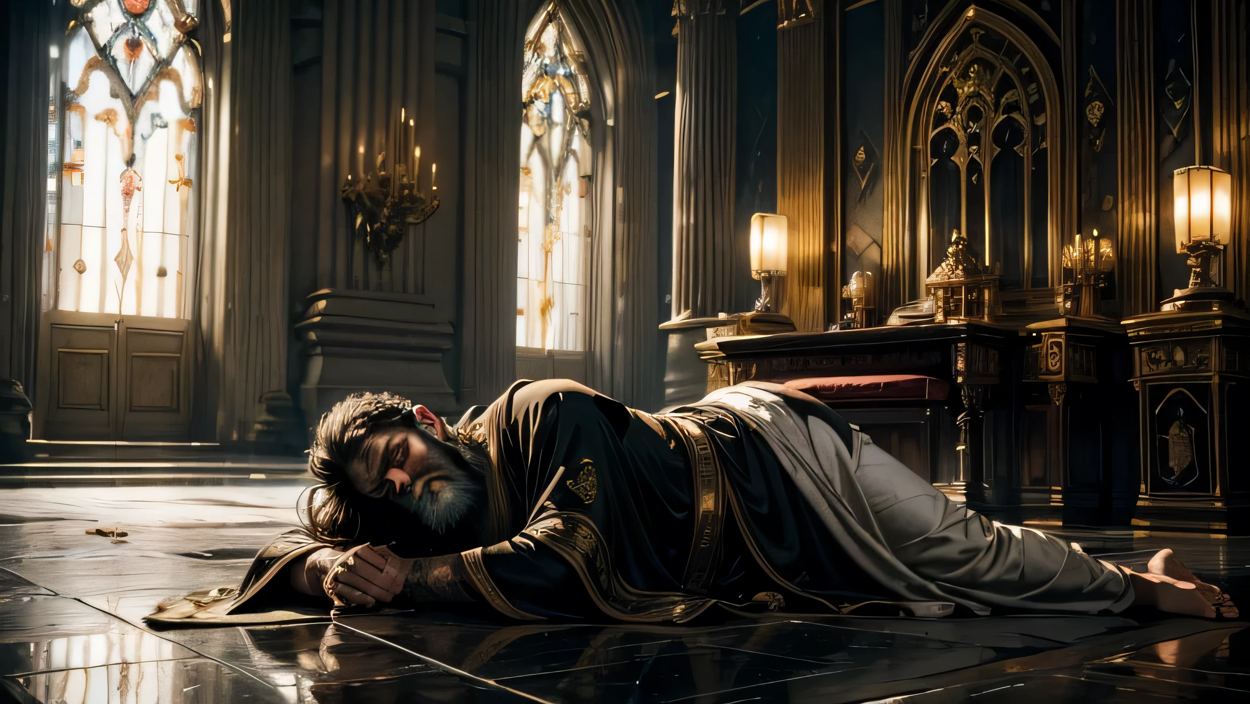 "A poignant and dramatic depiction of the Hyrule King lying on the floor, conveying a sense of vulnerability and distress. The king is portrayed in a state of downfall, with his regal attire and long, flowing white beard contrasting starkly with his current position. The king's body is sprawled on the ground, his once-majestic robes now disheveled and partially spread out around him. His white beard, once a symbol of wisdom and authority, now lies in disarray. His expression is one of pain or exhaustion, capturing a moment of profound impact and solemnity. The floor around him is a grand but now somber setting, with elements such as cracked tiles, scattered royal insignias, or a fallen scepter adding to the scene’s gravity. The surrounding lighting is dim, with shadows cast dramatically across the king’s figure, enhancing the mood of the scene. Soft rays of light may faintly illuminate parts of his form, emphasizing his dignity even in this fallen state. The overall atmosphere is one of tragedy and respect, capturing the stark contrast between the king's former grandeur and his current plight, reflecting a powerful and emotional moment in his story."