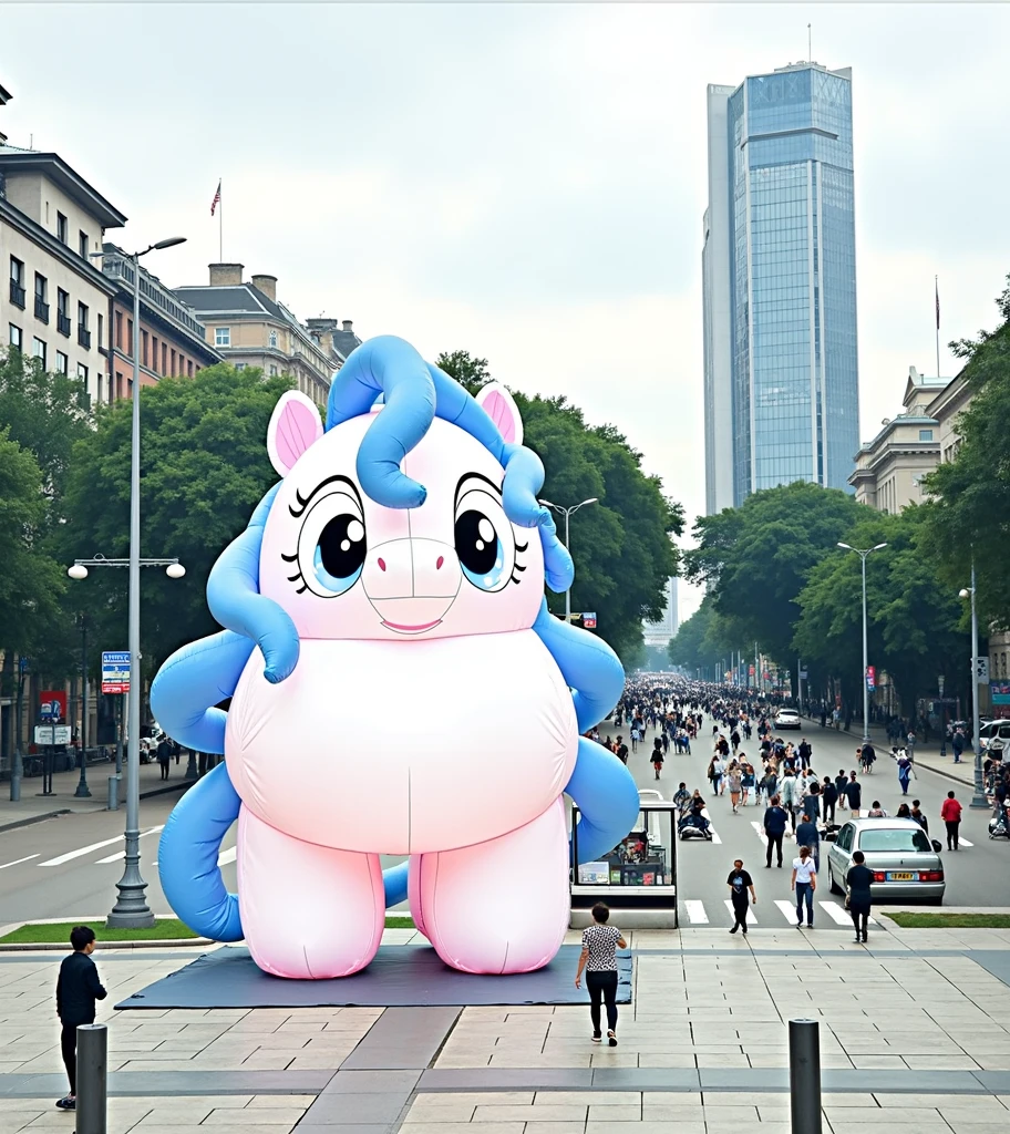 a giant pink pony blow-up doll on a square , (Practical, RAW photos, Ultra-fine transparent), Practical Light, city and street background