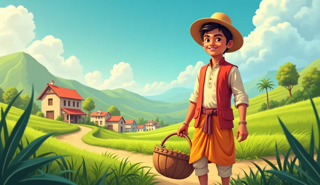 Create an cartoon image of a village and one farmer man wearing kurta and pyjama  and he is young 2 man