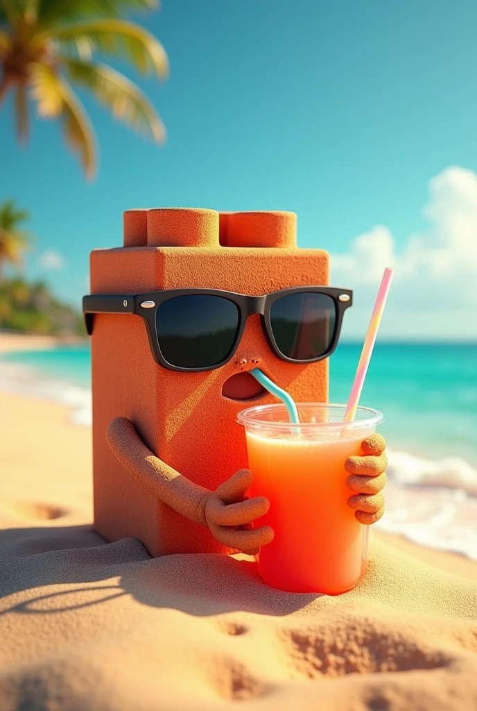 A brick drinking juice through a straw on a beach wearing sunglasses