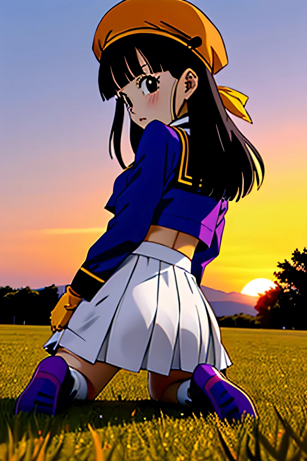 score_9, score_8_up, score_7_up, score_6_up, score_5_up, score_4_up, source_anime, aatomoyo, long hair, black hair, beret, white hat, straight bangs, purple eyes, small breasts, serafuku, white sailor collar, white scarf, black shirt, long sleeves, pleated skirt, white skirt on the side, field, sunset, wind, standing, cowboy shot, from the back, on all fours with her ass sticking out towards the camera, sexy position,