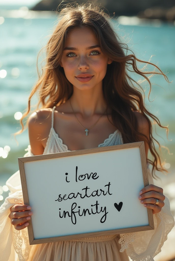 Beautiful girl with wavy long hair, bohemian dress, holding a white board with text "I Love Seaart Infinity" and showing it to the viewer