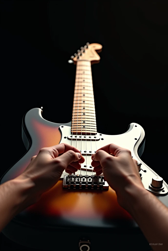 I want the focus on a Fender Stratocaster guitar, I just want to focus on the body of the guitar, facing the front, with a Guitarist but I want the image of just the hands playing.
