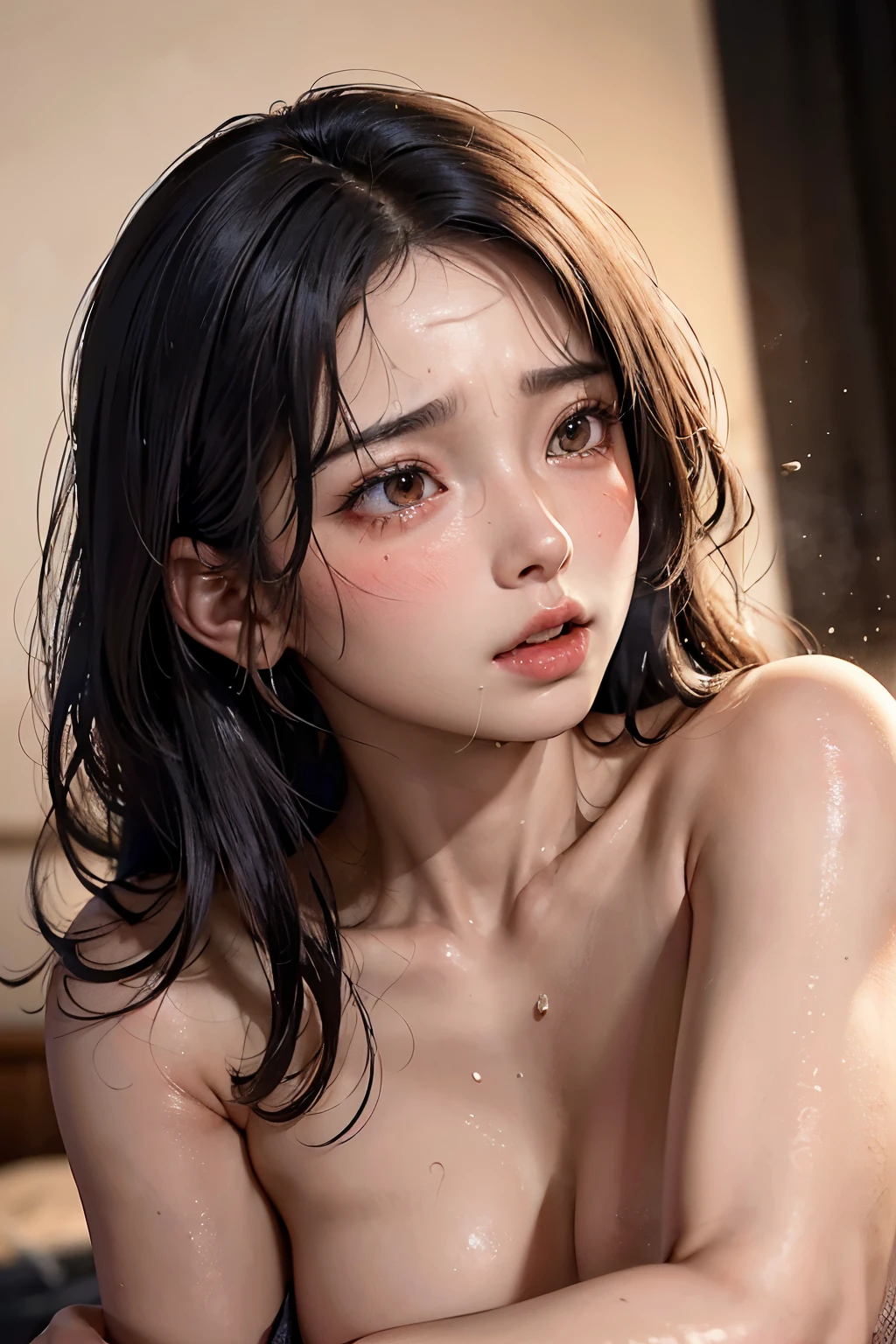 (masterpiece, best quality, raw photo, nsfw), (beautiful lady, 23year-old:1.2), (beautiful deep-black hair:1.2), break, (beautiful facial skin, sweaty face:1.3), (woman with edgOrgasm_face), (very pained expression, terribly blushed cheeks during intense exercise, mouth open very wide and yelling something:1.4), (looking at the camera with teary brown eyes:1.3), (continuous and smooth facial contour:1.3), (continuous and natural hair texture:1.2), 
