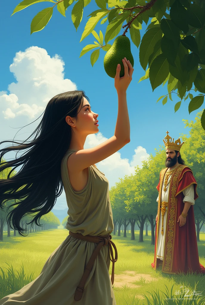 A girl with black hair, king, picking avocado