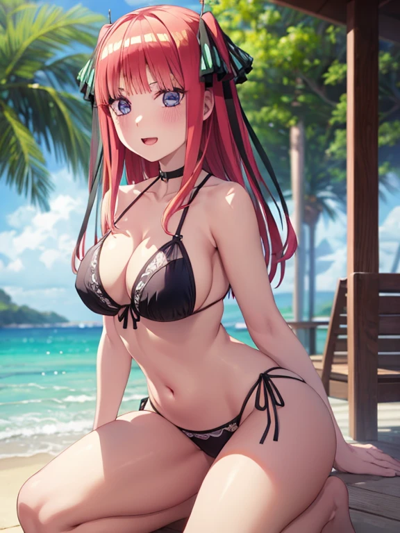 best quality, insanely detailed, nino nakano, breasts, blush, seaside background, looking at viewer, cheerful eyes, arousal, bikini tops, short Underwear, tankini, full body