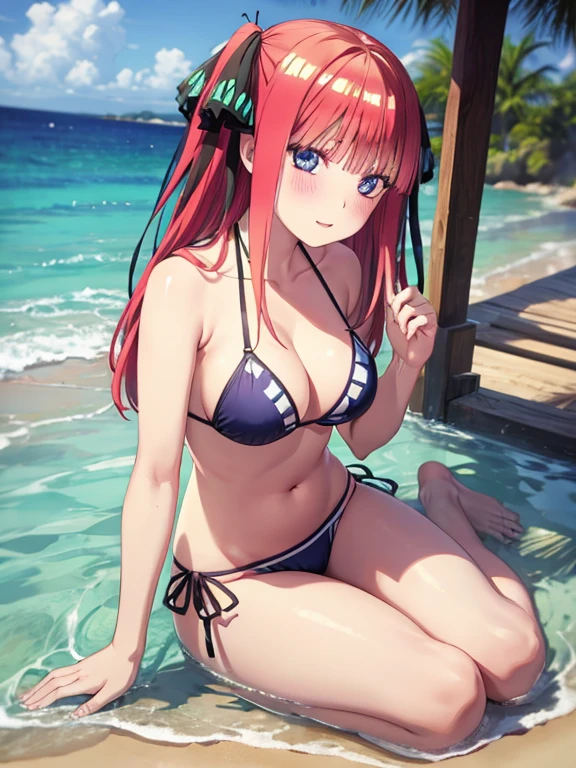 best quality, insanely detailed, nino nakano, , blush, seaside background, looking at viewer, cheerful eyes, arousal, bikini tops, short Underwear, tankini, full body