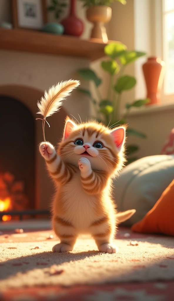 "A tiny kitten batting at a hanging feather toy in a well-decorated room, with colorful cushions and a fireplace in the background. The kitten's paws are mid-air, full of energy."