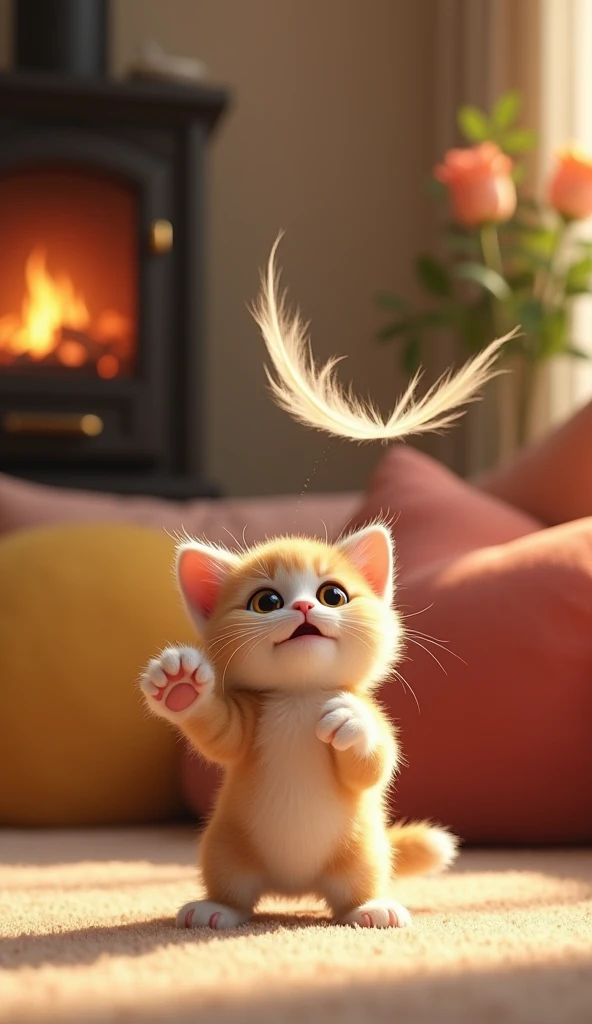 "A tiny kitten batting at a hanging feather toy in a well-decorated room, with colorful cushions and a fireplace in the background. The kitten's paws are mid-air, full of energy."