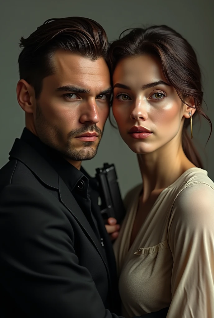 Gorgeous Man, offwhite, brown hair slicked back, mobster, serious look, black leagwear, with gun in hand, next to a young man in his 20s, innocent looking, soft expression, Very beauthful.