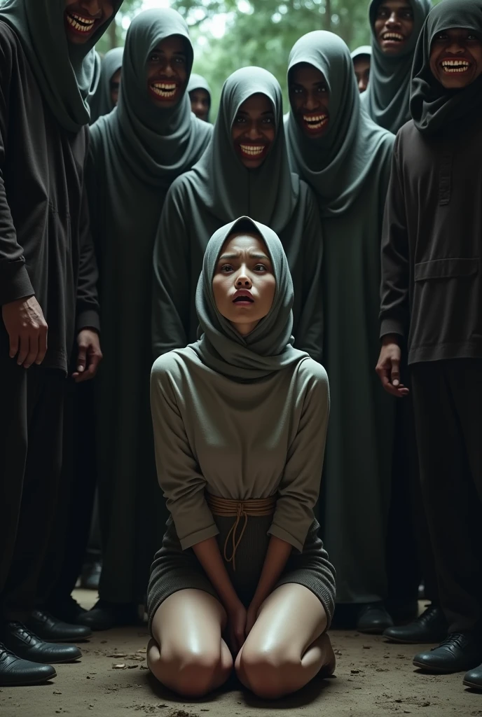 A beautiful white Asian girl wearing a long black hijab without clothes had both her arms hung up With rope And hanged by several old men so that she looked very tormented and Fatigue