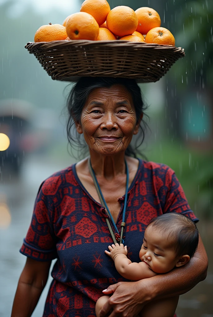 super realistic 4K close up of a 50 year old Indonesian woman wearing adire batik with a dark red and blue geometric design with a basket of oranges on her head, she is holding her  in front while walking in the middle of the street in the rain. dynamic pose.  blurred background. hard working, rough, very detailed