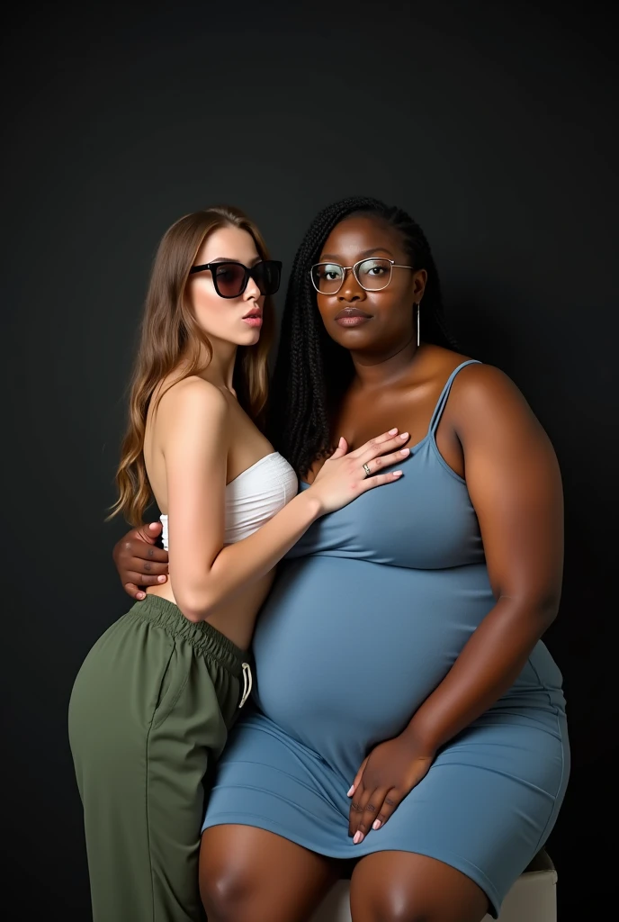 Create a photo of a 20 year old young woman, with a slender and beautiful body, wearing a short white strapless dress and wearing green sweatpants, with white and clear skin, with long light brown hair wearing sunglasses and making funny faces posing for a photo while having her strapless dress pulled down and sitting on her legs on a black woman&#39;s lap, with dark black skin, obese woman wearing glasses and wearing a blue dress in a square 