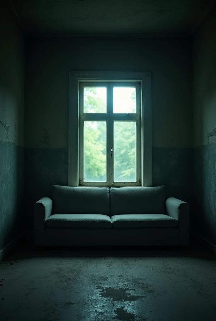 A dark, dusty, empty room. Kind of creepy. The only source of light is the window in the center of the wall. It's morning. In front of the window, there's a couch. There aren't any other things in the room. You can't see anything outside of the window, though. 4:5