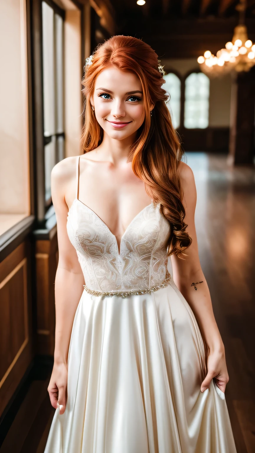 Realistic full body photo of a smiling redhead woman with long hair, Updo, She dances in front of the camera in a long A-line wedding dress with straps made of shiny satin., Park,glamour fotoshooting, Wedding celebration, perfect anatomy, perfect green eyes. Perfect hands with 5 fingers on each hand, Matching girl, looking at the camera, 1 Frau. (Eye make up:1.1), (highly detailed skin:1.1), spirit, analog style, keen focus, 8K UHD, dslr, good quality, Fujifilm XT3, Grain, Award-winning, masterpiece. Wedding celebration