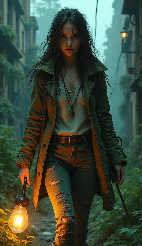 -High quality- -masterpiece- A beautiful woman, very cute, with long dark brown hair, green eyes, dressed in a thick jacket, torn and dirty coat pants, dirty face, a scar on her right eye, holding a torch in a destroyed city at night full of vegetation