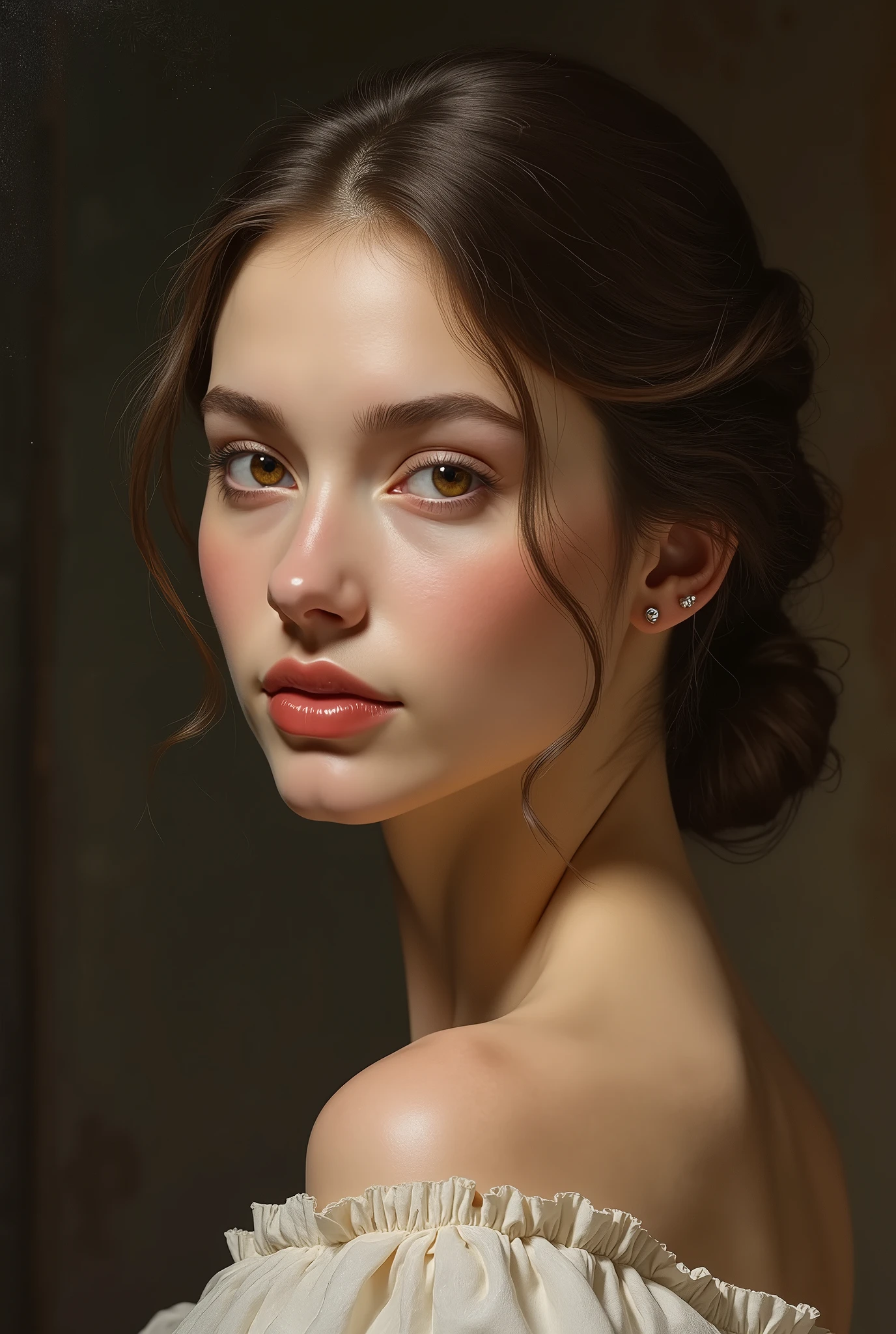 a beautiful woman with flawless skin, piercing eyes, full lips, delicate facial features, elegant hairstyle, serene expression, masterpiece portrait, highly detailed, photorealistic, 8k, HDR, dramatic lighting, cinematic composition, warm color palette, oil painting aesthetic, classical Renaissance style, chiaroscuro lighting effect, timeless beauty
