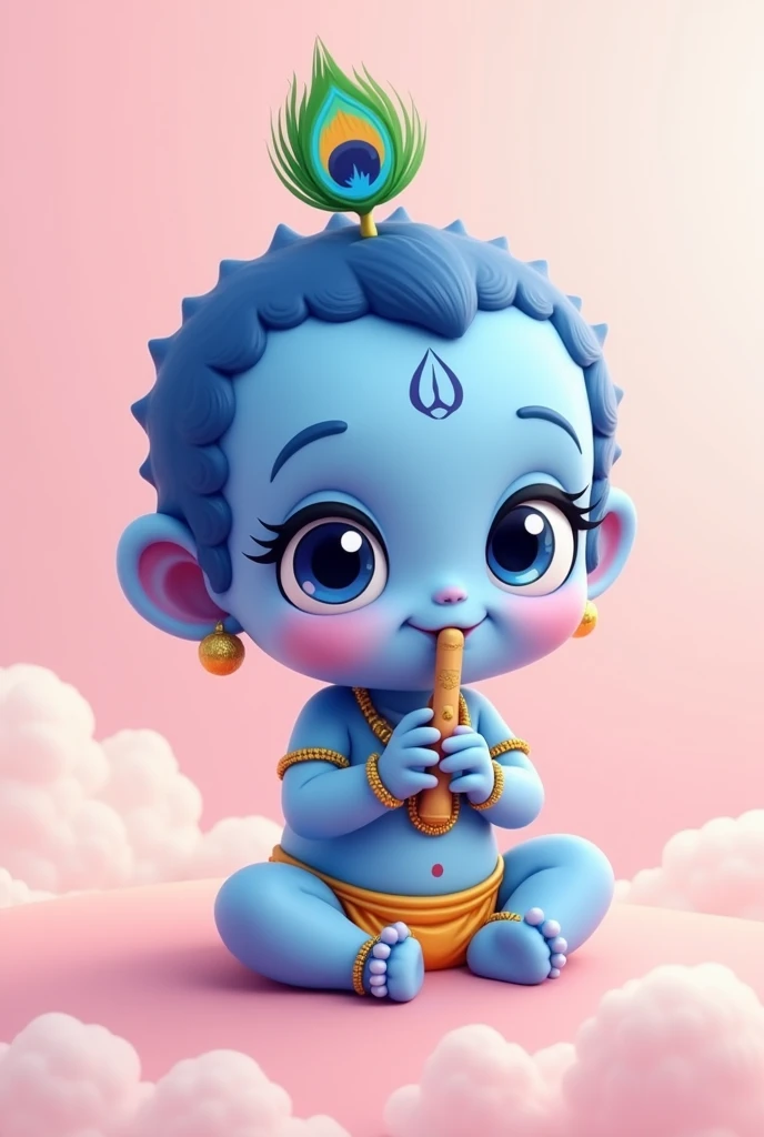 God Krishna as a cute small baby. on has head the feather of peacock,in one hand flute.but in cartoon way . The body colour is blue. With light pink color cloud background 

