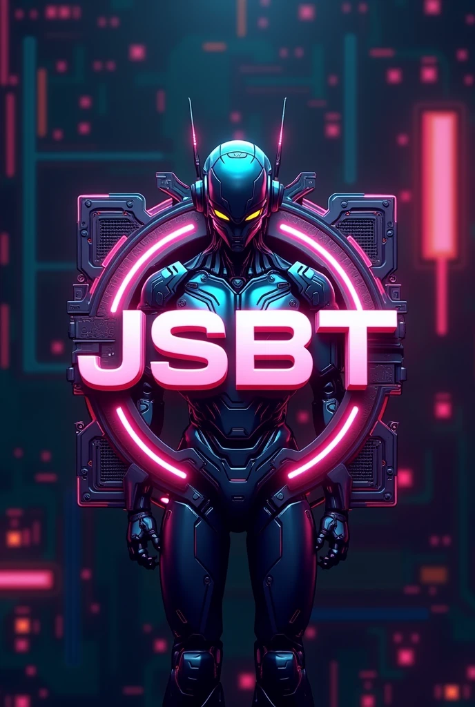 Create a logo for JSBT youtube channel with using rare front and different animation use robot and mother board in background must have JSBT logo