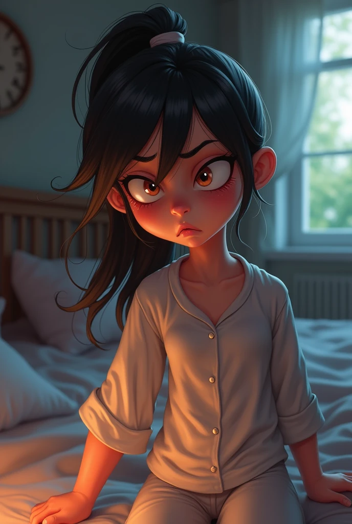 a rebellious 1 with black hair in a ponytail, sweaty, wearing pajamas with a belly button exposed, in her room, displaying an angry expression, hyperrealistic, detailed, cinematic lighting, 4k resolution.
Negative prompt: overly cute, unrealistic facial features, poorly drawn hands, bad anatomy, blurry image, cartoon style, low resolution, extra limbs, distracting background