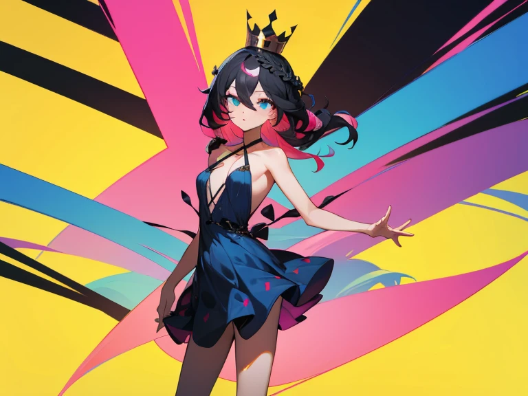 (medium full shot, looking at viewer:1.3), rainbow color combinations, masterpiece, 8k wallpaper, absurdres, best quality, dynamic angle, cinematic lighting, 1girl, (small breasts), cute, delicate, (black hair, pink streaks:1.3), (halter dress, sky blue dress:1.32), long hair, hair between eyes, sidelocks, crown braid, diadem, show shoulders, extremely reflective eyes, (extremely plain background, solid color background, yellow background:1.1)