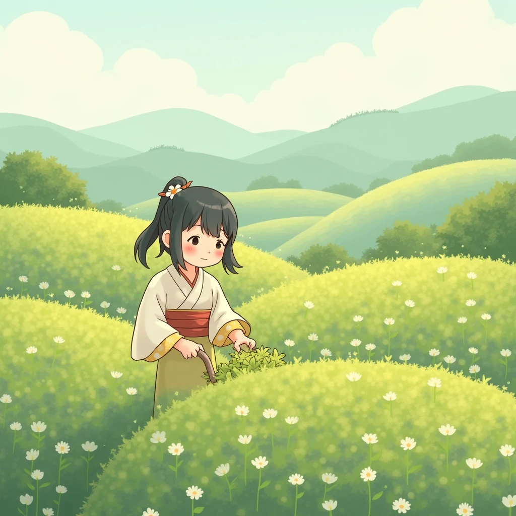 Fairy tale illustration by Reiko Ikemura, Pixabay, simple art, full color illustration, cute fairy tale illustration, picture book illustration, illustration, Girl picking tea in the style of Hayao Miyazaki., in the countryside, kimono, kimono