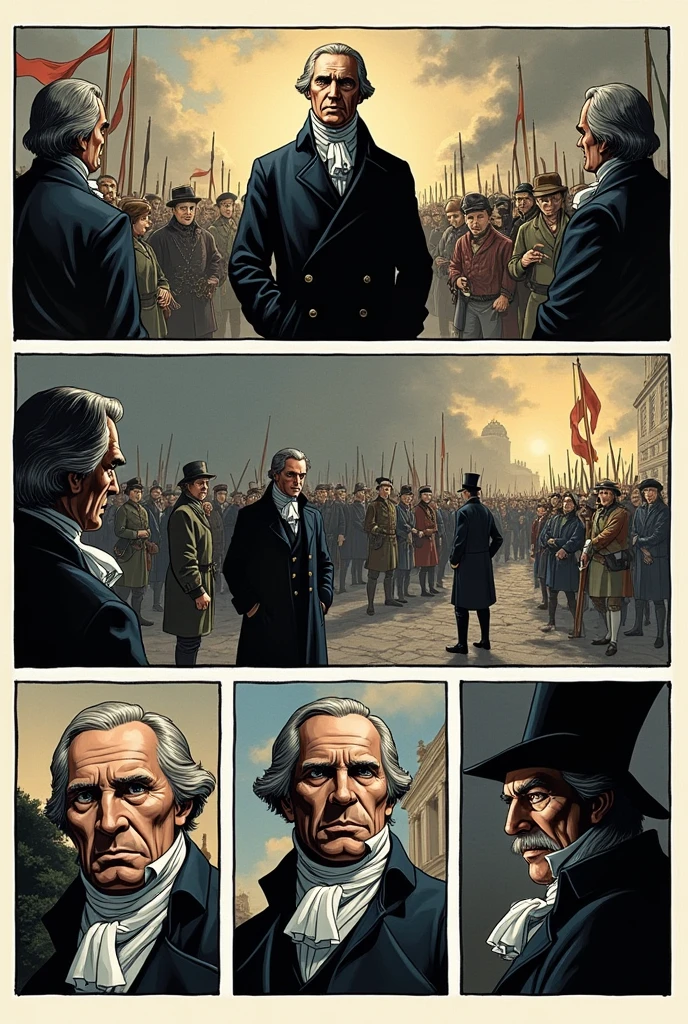 Create me a 6-panel comic strip about Maximilien Robespierre and his importance in the French Revolution.