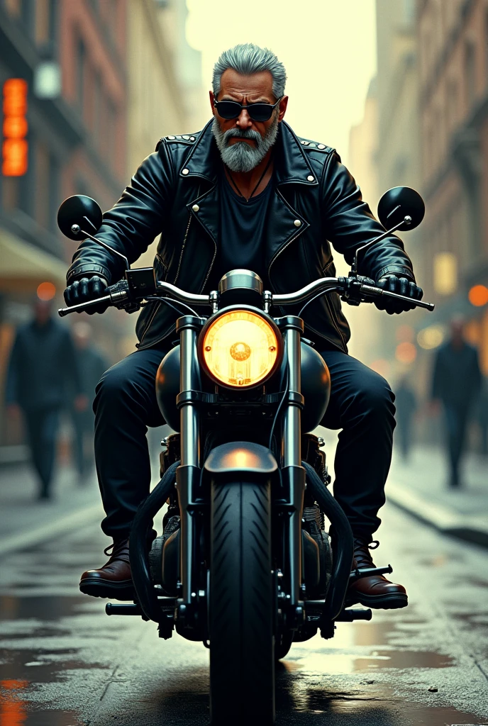 (mid-shot), ultra detailed 2d cartoon manga concept art illustration, 1man, looks like henry cavill in the witcher, wearing black leather biker jacket and oakley sunglasses, full beard, riding motorcycle on city street, crime and danger、Tension and suspense、Reflections on the avant-garde and the low ebb、Shady、evocative composition