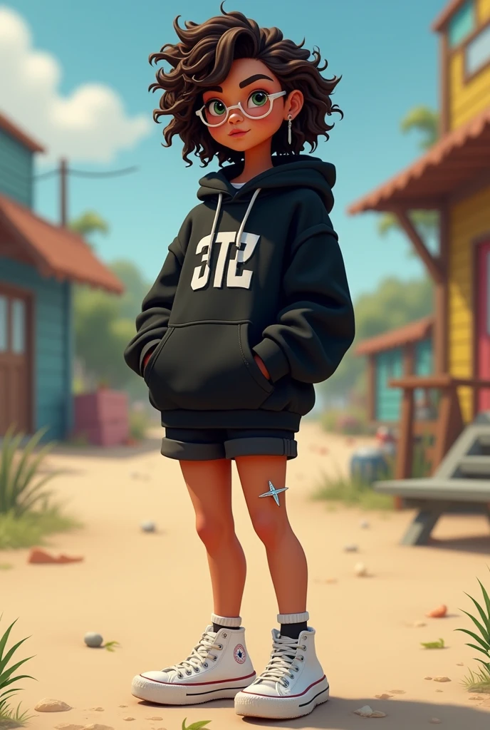 curly hair, suntanned, de moletom preto, cute round glasses, eyebrow piercing, cross earring, black shorts and white ALL star on the feet